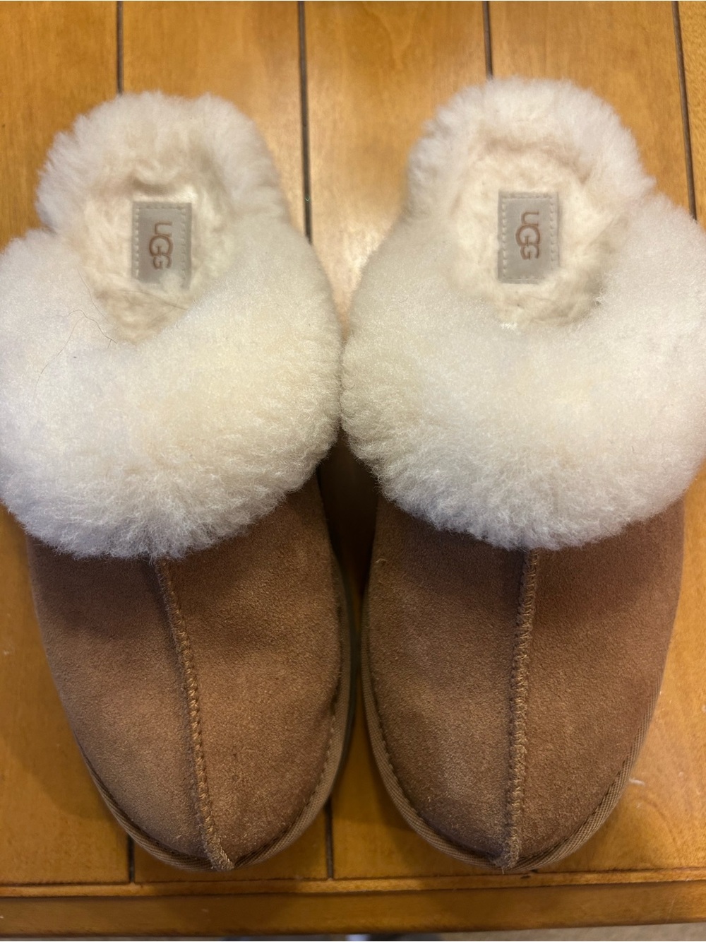 UGG Cream Shearling Slide Slippers with Chestnut Suede Trim